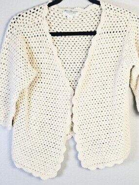 Norm Thompson XL Cream Linen Cotton Crochet Open Front Cardigan Boho